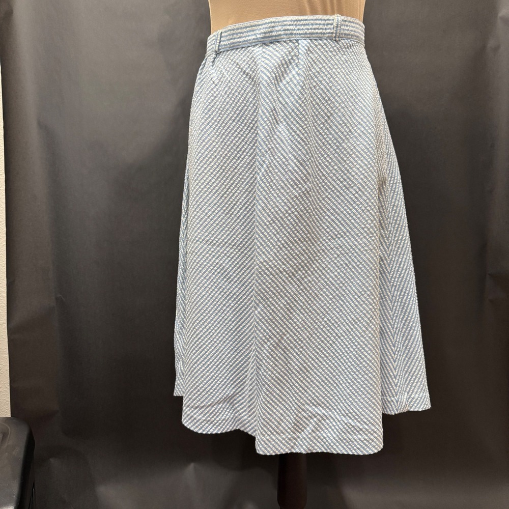 Vintage JCPenney Fashions Blue White Striped Seersucker A-Line Midi Skirt 26W